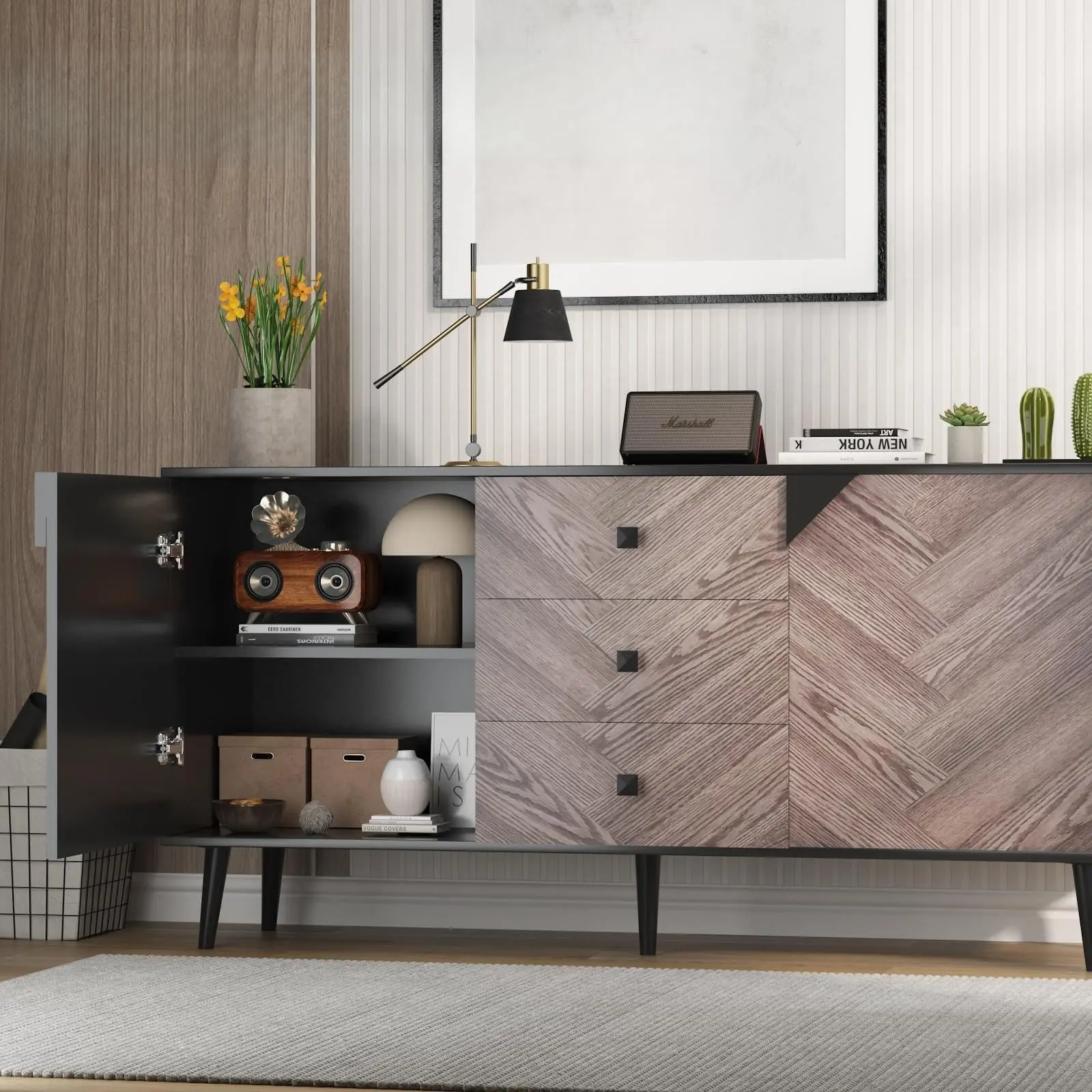 Gray Wood Particle Board Modern Sideboard Buffet Cabinet - 55.1" Width Storage Credenza with 3 Drawers, Adjustable Shelf, Doors, Chevron Pattern, Anti-Tipping Hardware, for Dining/Living Rooms/Kitchen, Quick Assembly Required