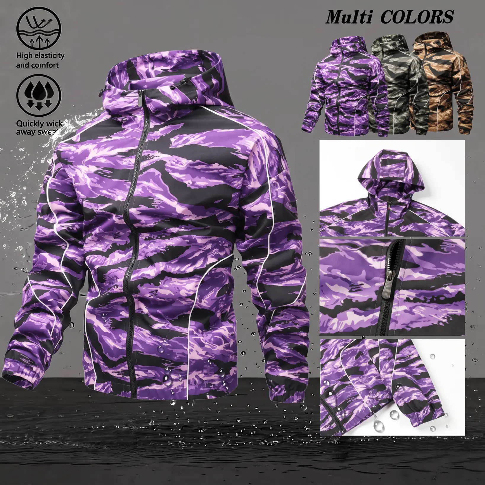 Men’s outdoor windproof waterproof sports hooded jacket featuring a dynamic tiger camouflage pattern and high-stretch moisture-wicking fabric, with a full zip front closure. Suitable for hiking, cycling, and everyday commuting, available in multiple color