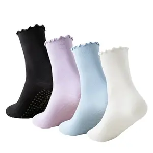 4 Pairs Ruffle Yoga Socks for Women, Cute Frilly Non-Slip Grips Socks for Pilates, Fitness, Hospital, Pregnant