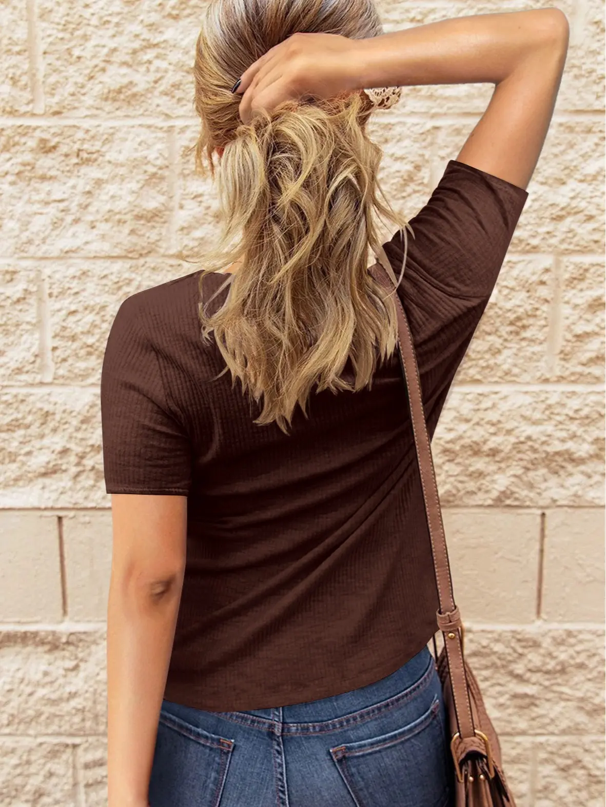 BTFBM Women 2026 Summer Henley Tunic Top V-Neck Short Sleeve Button UP Solid Slim Fit Casual Ribbed Knit Shirt Blouses