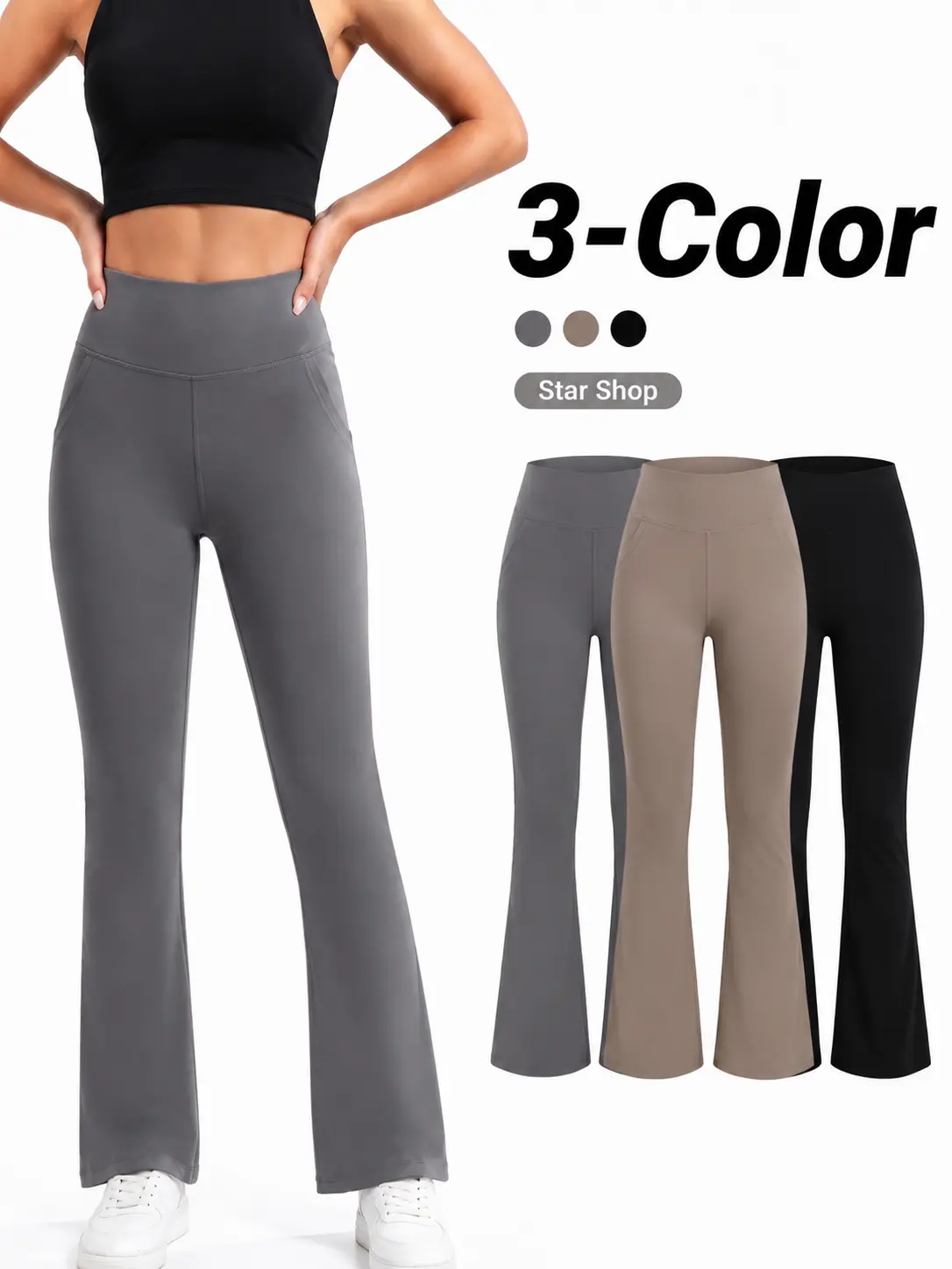 CQQNBV Women's High-Waisted Bootcut Yoga Pants - Stretch Pull-On Work Trousers with Tummy Control, Pockets, Leggings, Leggings Tummy Control