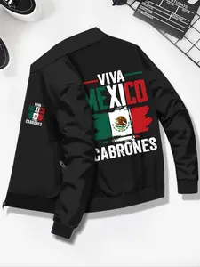 Men's Fashion Jacket with Mexican Flag Print, Zipper and Pocket Design, Comfortable Casual Top for Fall Winter Daily Wear, Casual Trendy Coat
