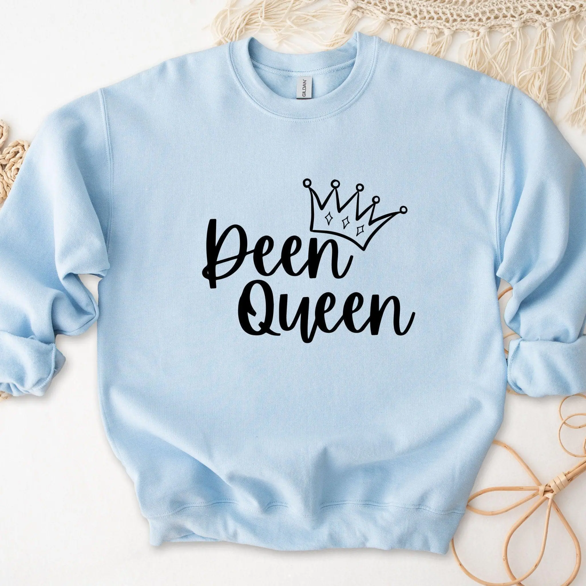 Deen Queen Sweatshirt by Humraha | Desi Arab Muslim Fashion Apparel Gifts for Ramadan Eid Nikkah Wedding Couples Families New Moms Aunts Uncles Grandparents | Pakistan India Bangladesh Palestine Lebanon Egypt Syria