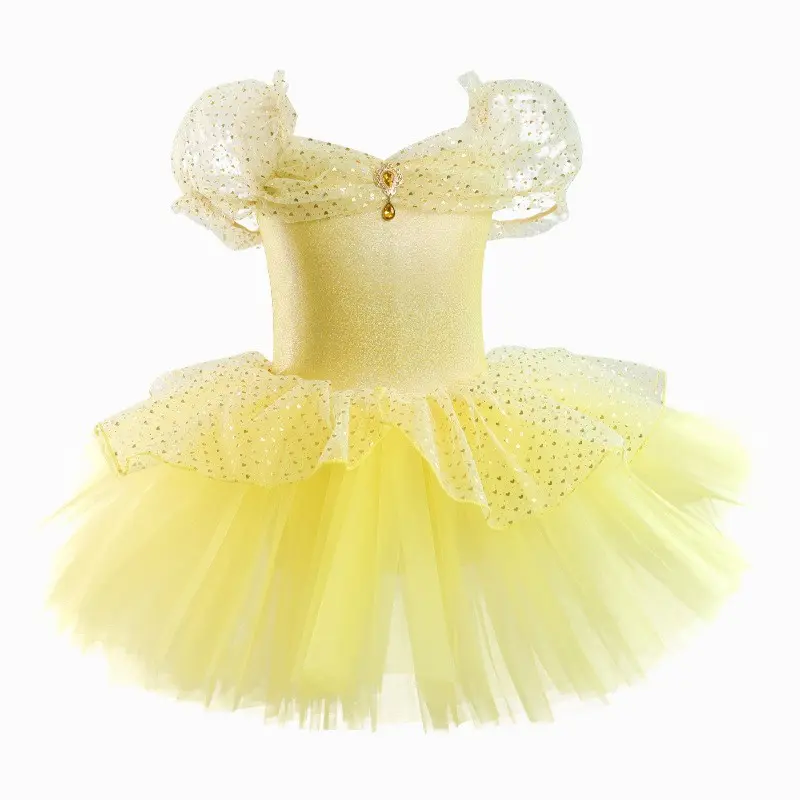 Toddler Girls' Yellow Ballerina Dress, Puff Sleeve Crew Neck Leotard with Layered Sparkly Tulle Skirt for Dance Class Recital