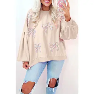 Parchment Sweet Bow Lantern Sleeve Oversized Pullover Sweatshirt