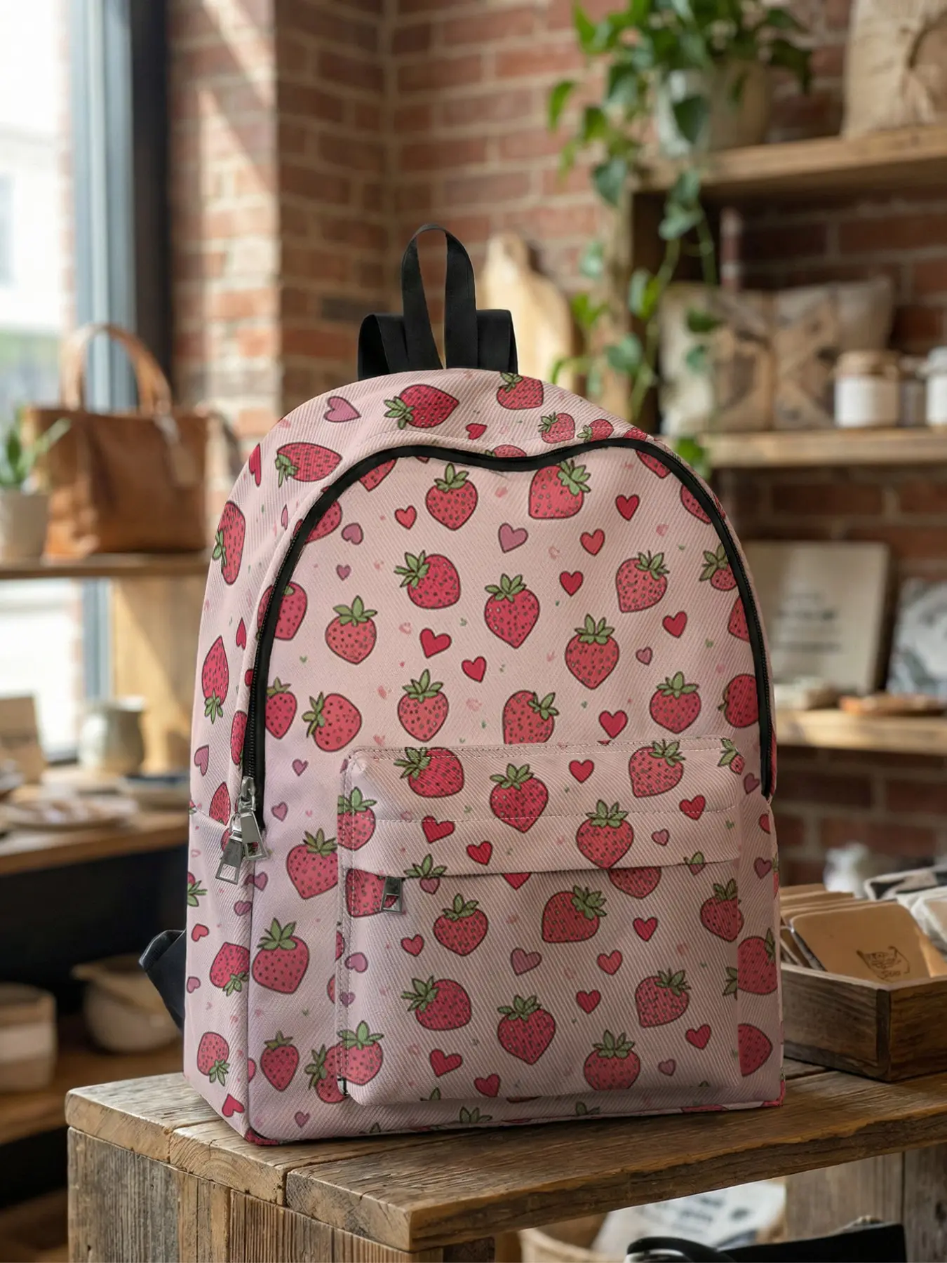 Strawberry Print Backpack, Fun Design, Fashionable Look, Spacious Storage, Ideal for School, Travel, Business Trips, All Seasons Use