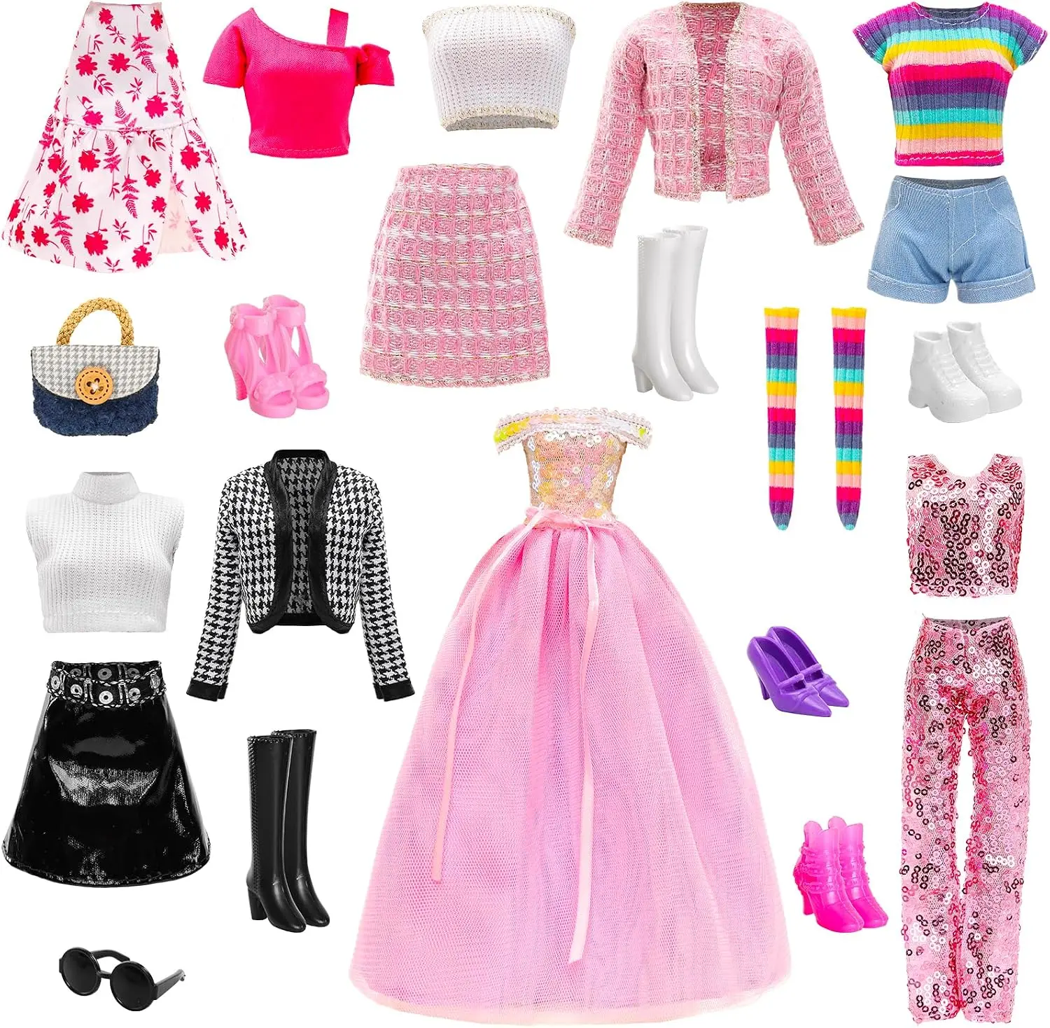 15 PCS 11.5 Inch Girl Doll Clothes & Accessories Fashion Set, Stylish Outfits, Party Gown, Sequin Dress & Doll Shoes