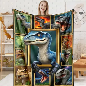 Soft Flannel Blanket, Blue Raptor & Framed Dinosaur Collage Print Warm Cozy Nap Throw, Durable Home & Office Couch Blanket, Bedroom Decor Accessories, Dinosaur Fan Room Decor