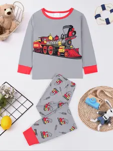Boys' Round Neck Long Sleeve Pajama Set, Digital Print Train Pattern, Casual Loose-Fit Sleepwear, 2-Piece Home for All Seasons