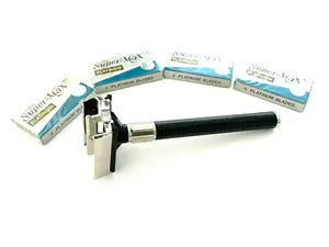 Heavy Duty Black Butterfly Style Old Fashion Safety Razor PLUS 20pcs Blades Chrome Handle