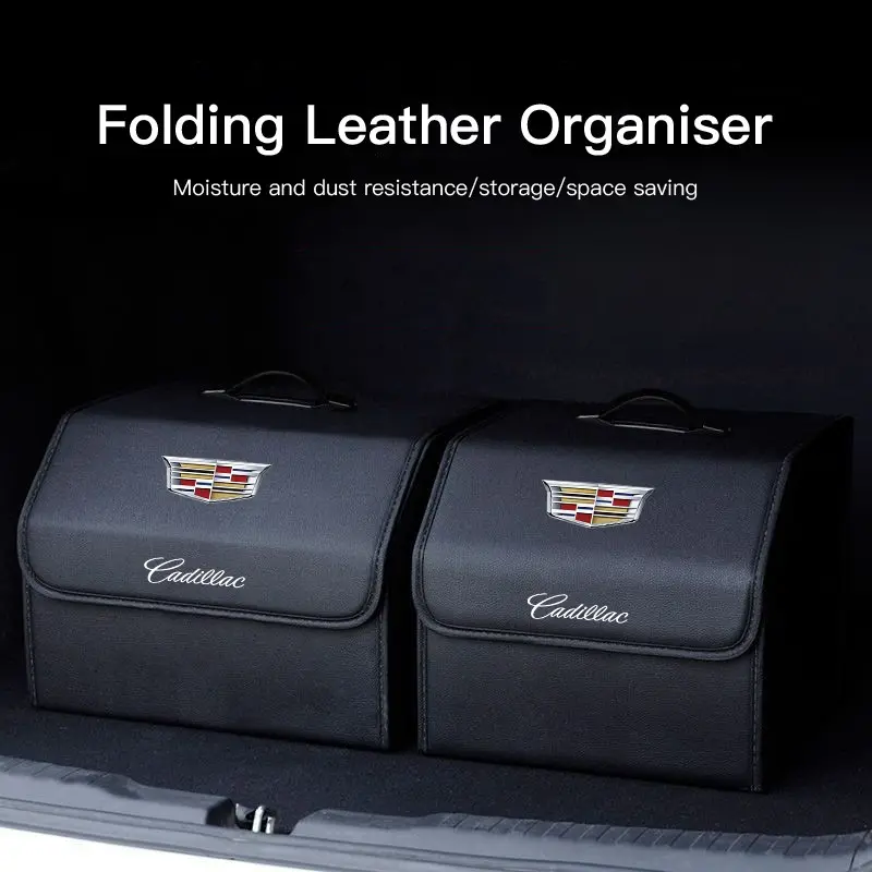 Car Emblem Leather Trunk Storage Box for Cadillac, Portable Foldable Organizer Bag for Auto Interior, Multiuse Tool Storage for Escalade Cts Ct4 Ct5 Xt5 Xt4 Xt6, Car Organizer, Car Organizers And Storage, Car Organization Accessories, Car Accessories