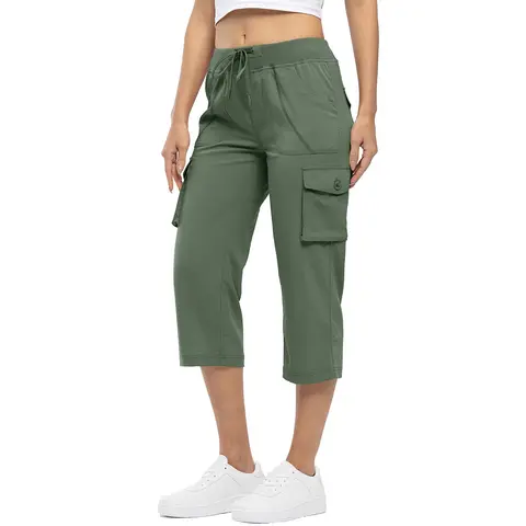 TBMPOY Women's Basic Elastane Solid Color Cargo Capris - Elastic Waist with Drawstring, Lightweight, Quick-Dry, Breathable Fabric, 6 Pockets, Plus Size Female Gym Bottoms for Active Days & Full Range of Motion