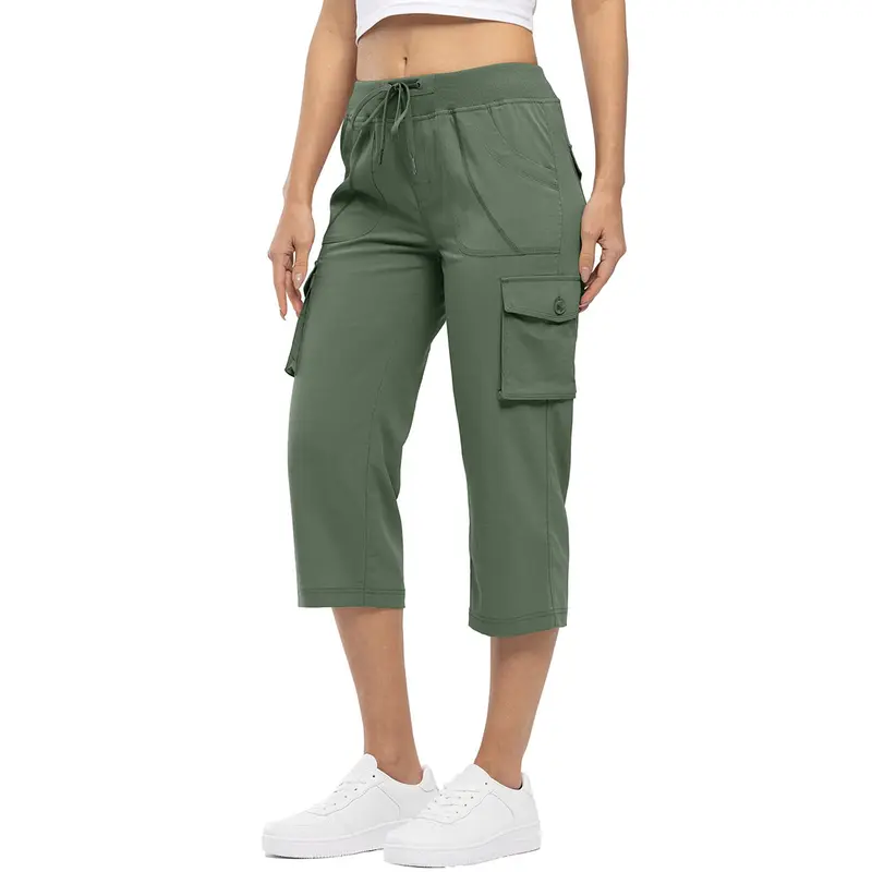 TBMPOY Women's Basic Elastane Solid Color Cargo Capris - Elastic Waist with Drawstring, Lightweight, Quick-Dry, Breathable Fabric, 6 Pockets, Plus Size Female Gym Bottoms for Active Days & Full Range of Motion