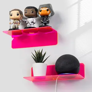 Acrylic Floating Shelves Set of 2 - Easily Expand Wall Space - Small Wall Shelf with Strong Adhesive for Bedroom, Kids' room, Bathroom, etc (Fluorescent Pink) Decor Minimalist Installation
