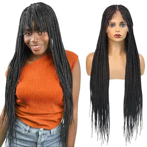 DOSAY Full Lace Braided Wigs With Bangs Synthetic Jumbo Braids Wig Locs Knotless Box Braided Lace Wig Cornrows Braiding Hair For Women 32 Inches #1B Color