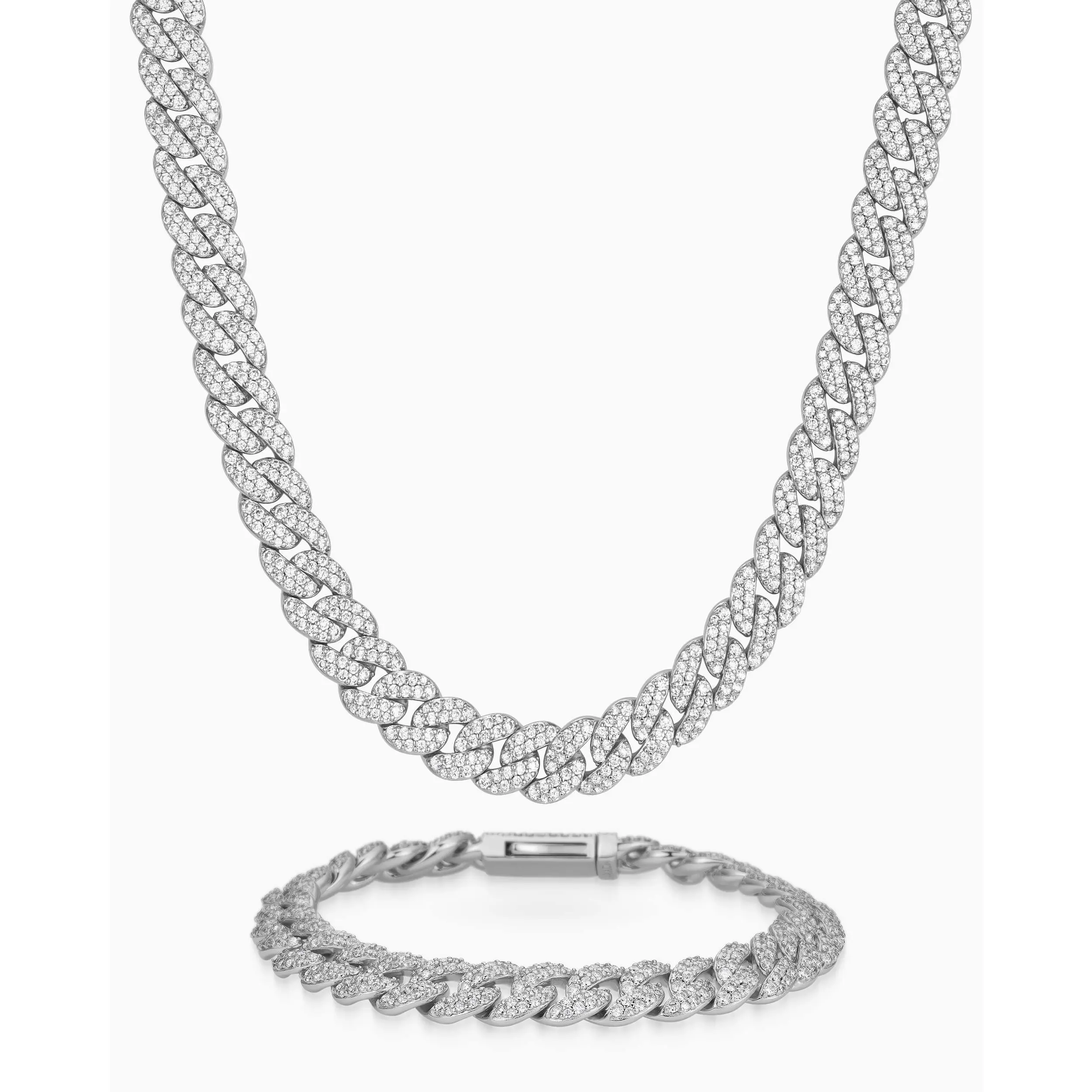 JAXXON Iced Out Cuban Set 8mm - Silver - Rhodium Bonded for Shine & Durability - Box Clasp JAXXON Iced Out Cuban Set 8mm - Silver - Rhodium Bonded for Shine & Durability - Box Clasp