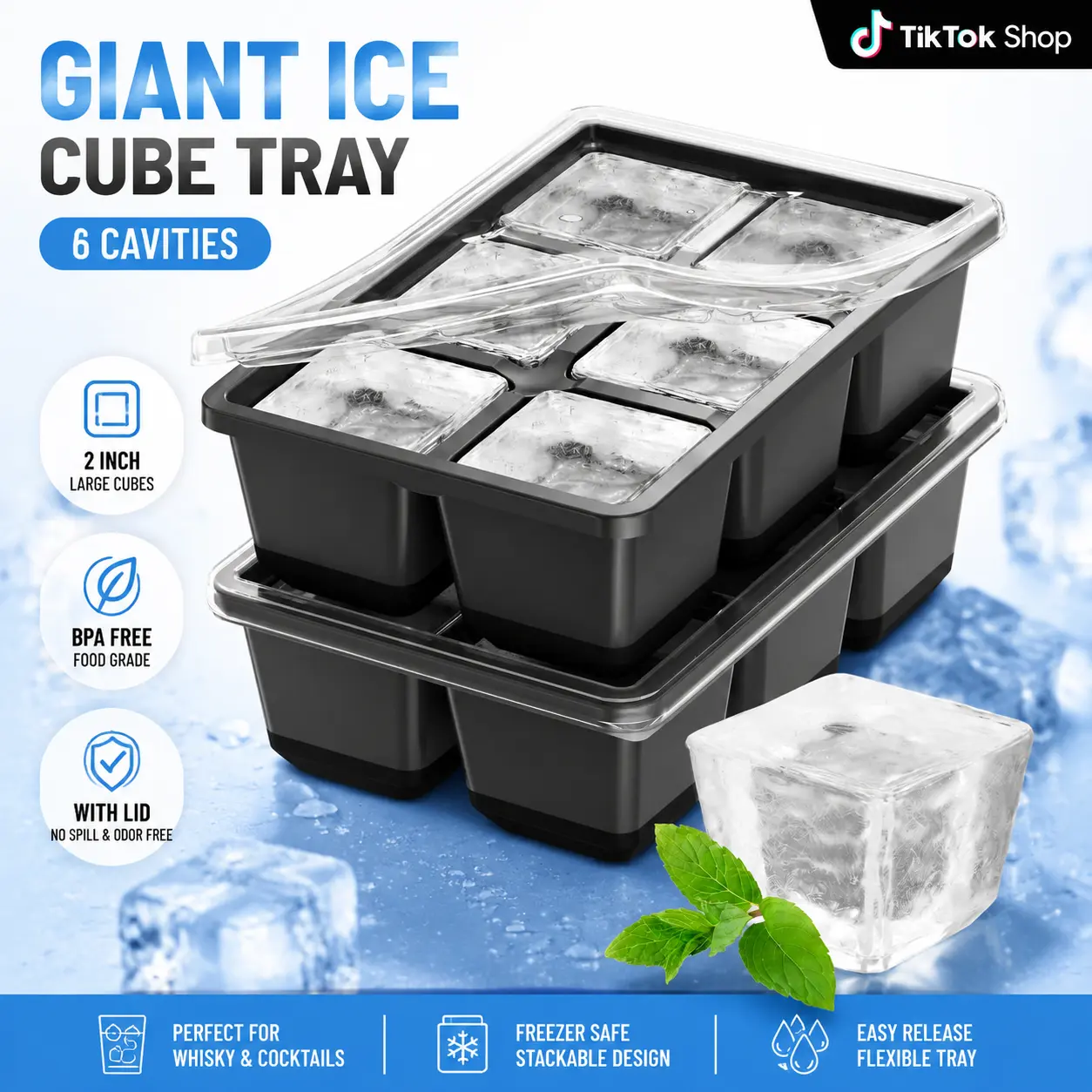 2 Pack Large Square Ice Cube Molds, 1.8 Inch Big Whiskey Ice Cube Tray, Stackable Cocktail Ice Tray with Lid, Easy to Release Reusable Ice Mold for Drinks Bourbon