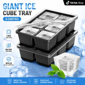 2 Pack Large Square Ice Cube Molds, 1.8 Inch Big Whiskey Ice Cube Tray, Stackable Cocktail Ice Tray with Lid, Easy to Release Reusable Ice Mold for Drinks Bourbon
