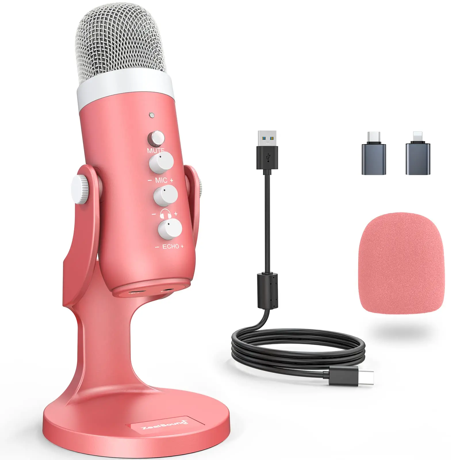 Aston DigitalGaming K66 Pink Metal USB Microphone - Quick Mute, Gain Control, Echo Monitor, Volume Adjustment, Noise Reduction - Plug-and-Play for Android, Phone, PC, Computer, PS5 - Studio Streaming, Vocal Recording (Adapter, Smartphone Cable Included)