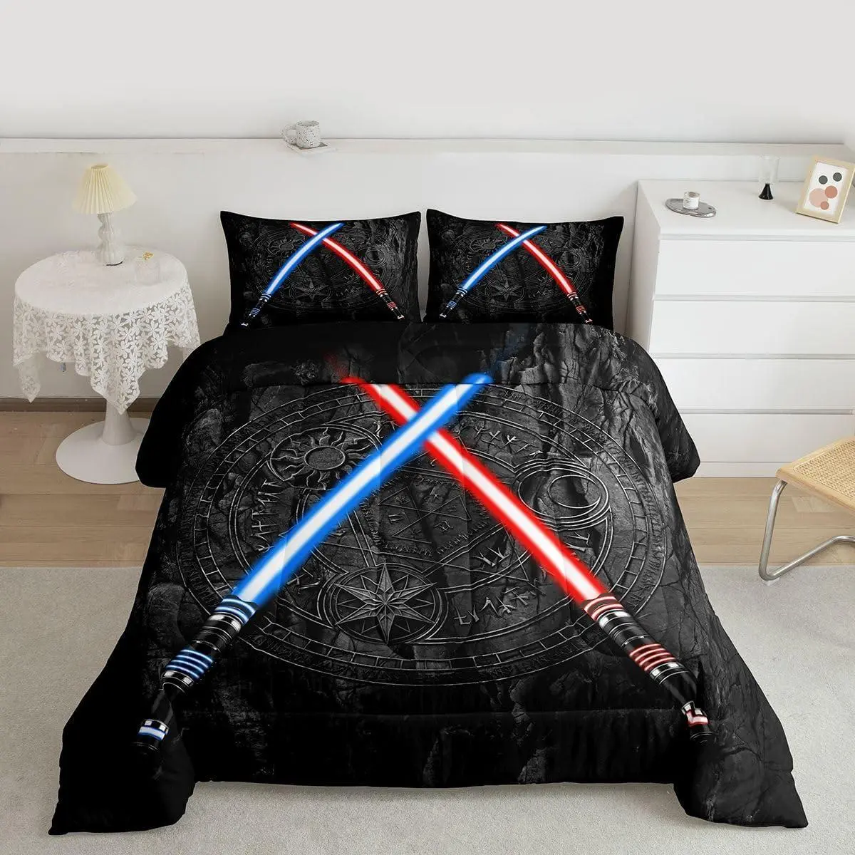 Feelyou Kids' Bedroom Lightsaber Quilt Bedding Comforter Set - Polyester Fiber Set with Neon Blue, Red Geometric, Sun Moon, Round, Vintage Stone Wall Designs, U-Stitching, Lightweight Warmth, Multi-Size, Travel-Ready