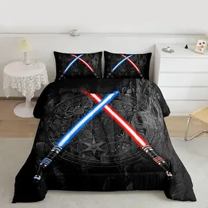 Feelyou Lightsaber Comforter Set - Polyester Fiber Quilt Set with Neon Blue Red Geometric, Sun Moon, Round & Vintage Stone Wall Designs, U-Stitching, Lightweight Warmth, Multi-Size, Travel Ready, Kids Room Decor