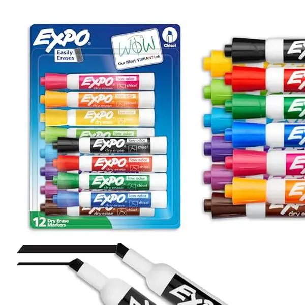 EXPO Dry Erase Markers, Low Odor Ink, Assorted Colors, Chisel Tip, 12 Count EXPO Dry Erase Markers, Low Odor Ink, Assorted Colors, Chisel Tip, 12 Count