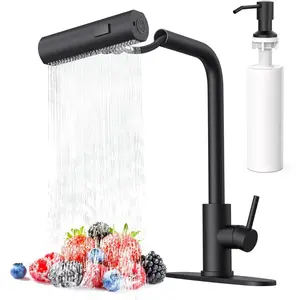 Matte Black Waterfall Kitchen Faucets with Pull Down Sprayer & Soap Dispenser, Single Hole & Handle, Pull Out Tap, Stainless Steel Sink Faucet, Suitable for Farmhouse Camper Laundry Rv Bar