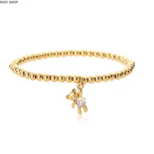 FHSY SHOP 14K Gold Plated Beaded Stretch Bracelet with CZ Teddy Bear Charm Elastic Gold Ball Bangle for Women, Cute & Playful Everyday Jewelry