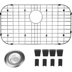 26x14” Sink Protectors for Kitchen Sink, Metal Sink Rack for Bottom of Sink Rear Drain Hole, Stainless Steel Sink Protector for Kitchen with Sink Strainer (Inseparable, 26"X14", Rear Drain)