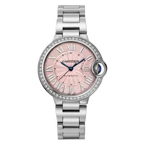 Cartier Ballon Bleu 33mm W6920100 Stainless Steel Pink Dial Custom Diamond Bezel WHP039755