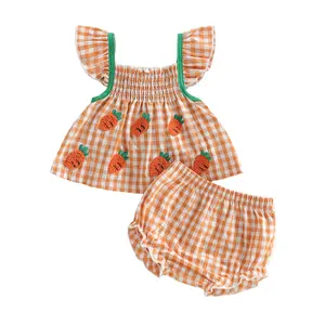 Newborn Baby Girls Easter Outfits Infant Cute Carrot Embroidery Sleeveless Plaid Vest Tops and Shorts Set Summer 2 Piece Clothes