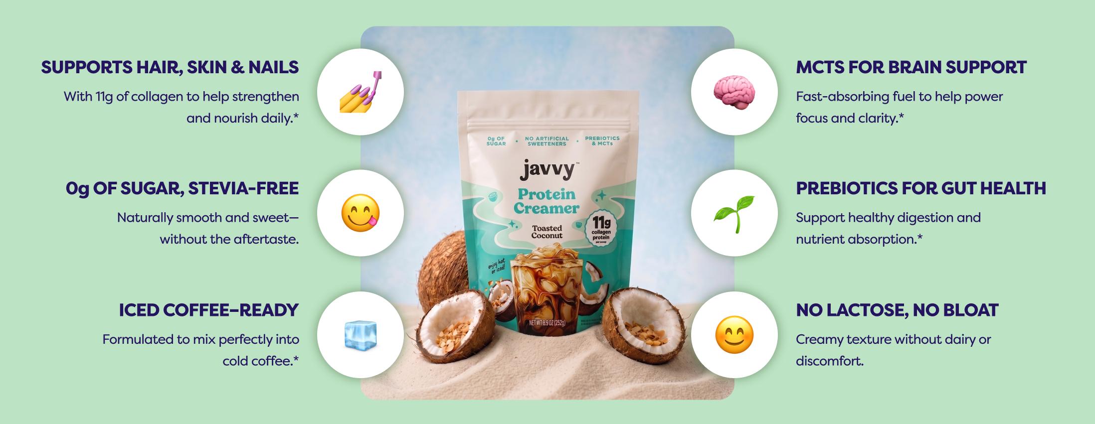 Javvy Coconut Dubai Chocolate Latte TikTok Exclusive Bundle Dubai Chocolate Protein Coffee and Toasted Coconut Collagen Protein Creamer Premium Whey Protein Instant Mix, 100% Natural, No Artificial Flavors & Sweeteners, No Added Sugar, 80 mg Caffeine Javvy Coconut Dubai Chocolate Latte TikTok Exclusive Bundle Dubai Chocolate Protein Coffee and Toasted Coconut Collagen Protein Creamer Premium Whey Protein Instant Mix, 100% Natural, No Artificial Flavors & Sweeteners, No Added Sugar, 80 mg Caffeine