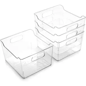 BINO Plastic Storage Bins 4 Pack THE LODGE COLLECTION Clear Storage Containers for Organizing with Handles Pantry Kitchen Organization Fridge Organizer Bathroom Shelves Cabinet