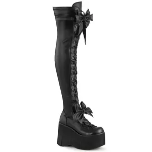 Demonia Kera-303 Plush Thigh-High Boots with D-Ring Laces, Adjustable Straps, and Removeable Oversize Bow for Women - Black