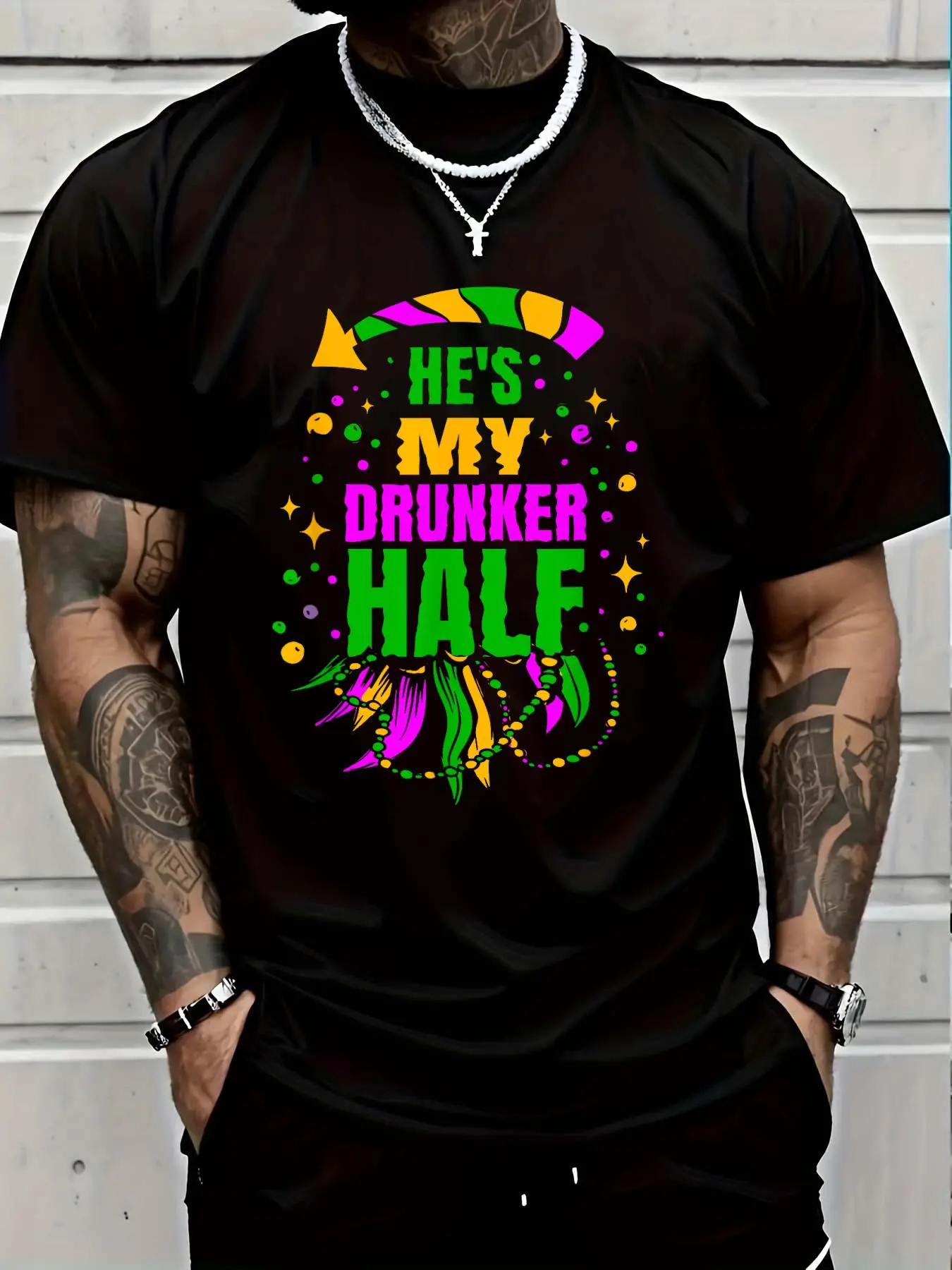 Men's 100% Cotton Casual Fashion Round/Crew Neck Short-Sleeve Distressed Graphic T-Shirt, Mardi Gras Theme "He's My Drunker Half" Matching Couple Vintage Summer Top (Women's Option Available)