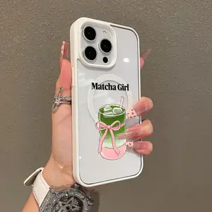 Magnetic Stylish Case for iPhone 17 16 E Pro Max 15 Plus 14 13 12 11 XS XR, Matcha Girl Aesthetic | Shockproof, Silicone, Lightweight, Girly, and Scratch Resistant Protection