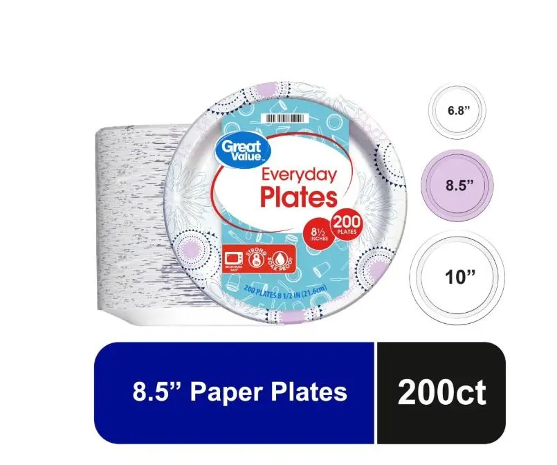 Great Value Disposable Paper Plates, 8.5 in, 200 Count