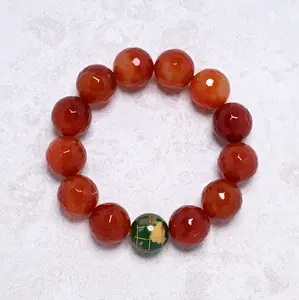 16mm Carnelian Gemstone Elastic Bracelet with Green Globe Accent Bead