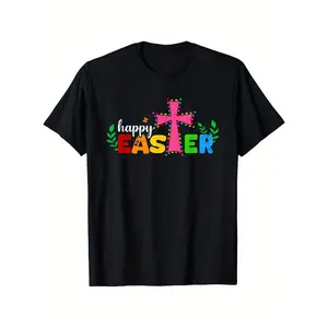 Happy Easter Christian Cross T-Shirt for Men Women Boys Girls - 100% Cotton Casual Short Sleeve Tee with Colorful Geometric Cross & Easter Lettering, All-Season Comfort, Machine Washable, Sizes S-XXXL, Comfortable Clothing Festive Design