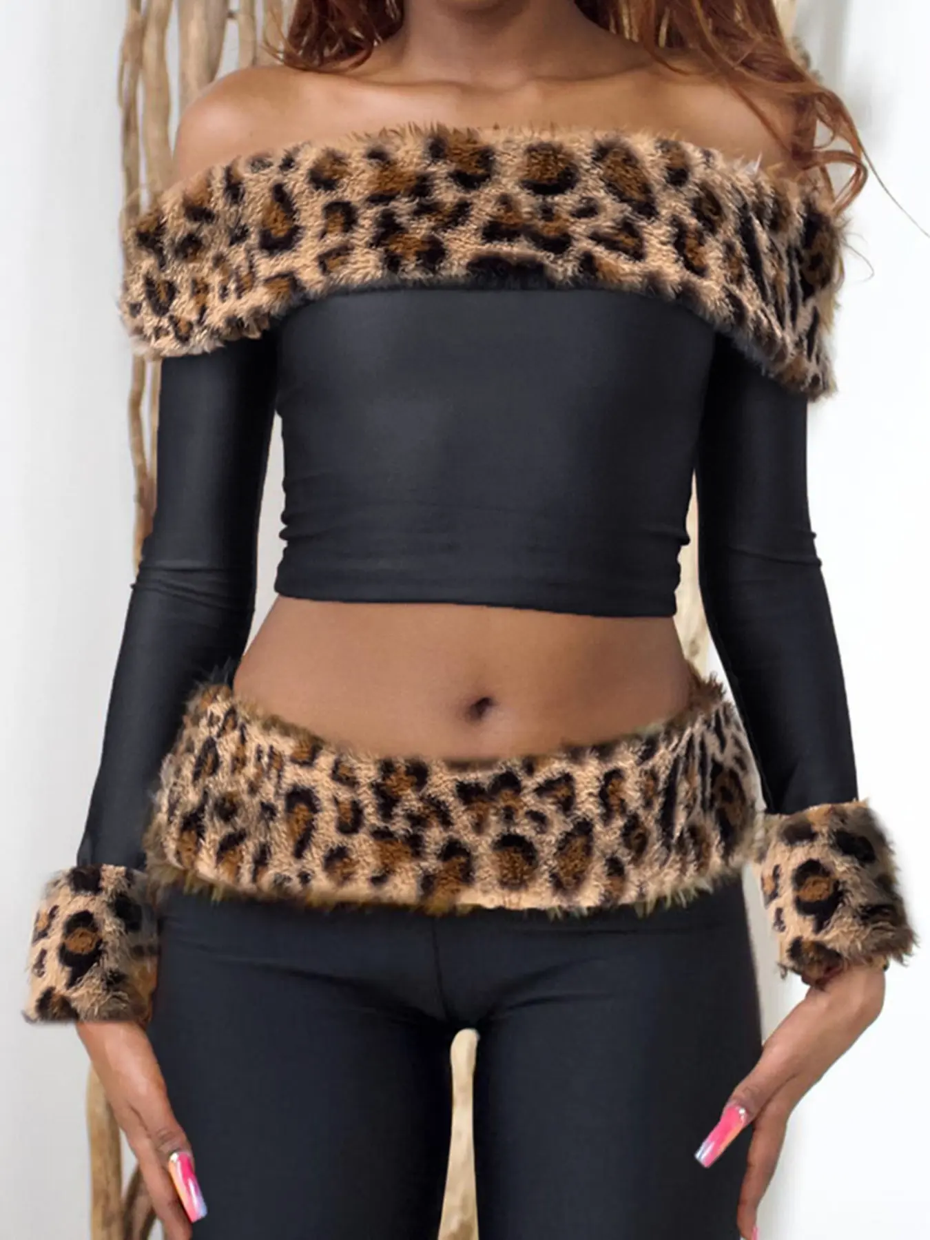 Women's Sexy Winter Faux Fur Leopard Print Two-Piece Set Fashion Clothes  Set. Off-Shoulder Slim