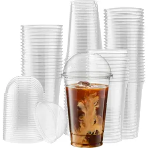 [50 Sets - 20 Oz] Clear PET Plastic Cups With Dome  for Iced Coffee Cold Drinks Milkshake Slush Cups Smoothies Slurpee Party's Disposable Cups