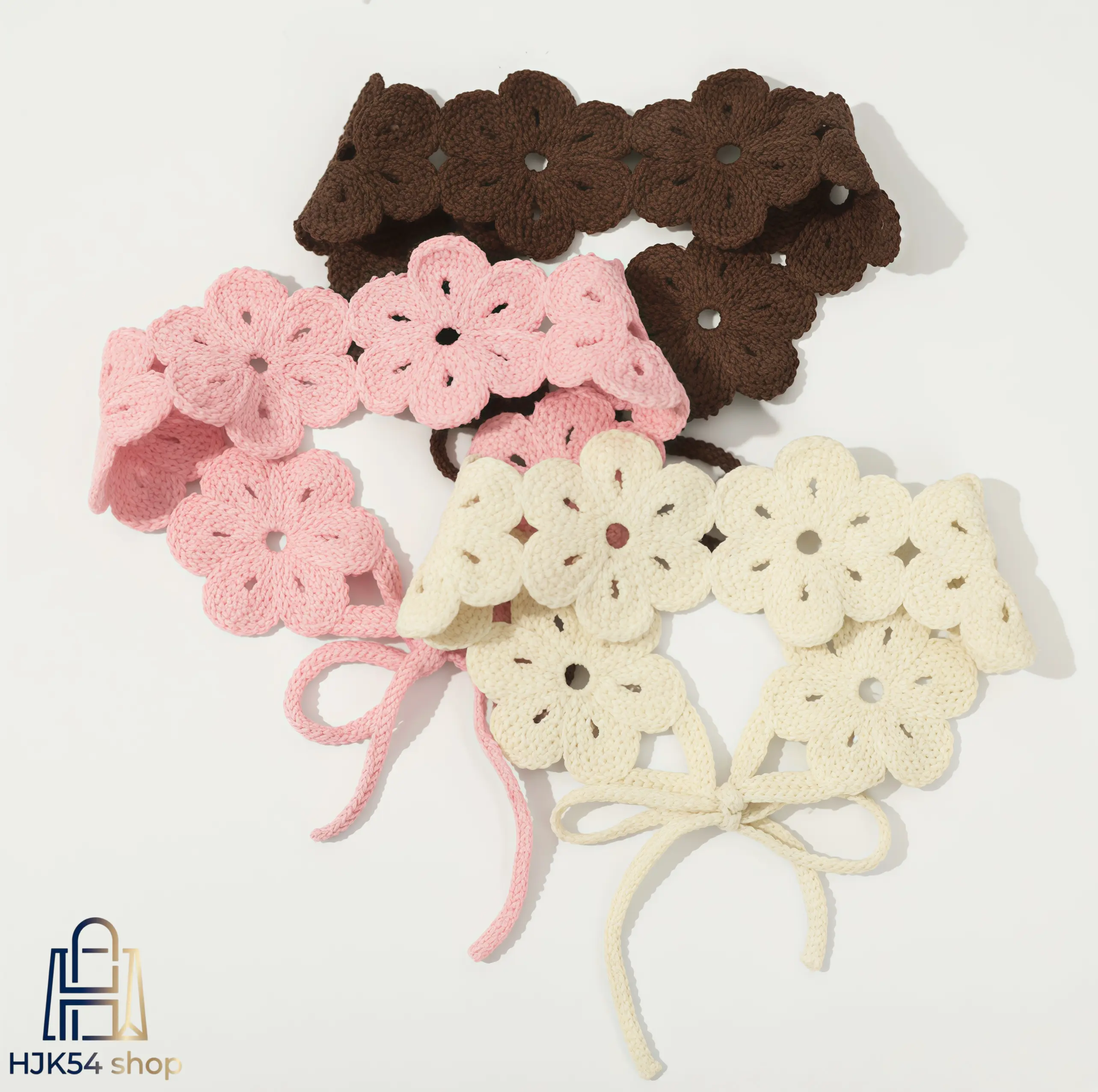 3-Pack Cottagecore Daisy Headbands for Women, Boho Chic Handmade Hollow Knit Crochet Hair Scarf with Adjustable Tie-Back Bow, Bow Decor, Boho Chic Accessories, Adjustable Bow