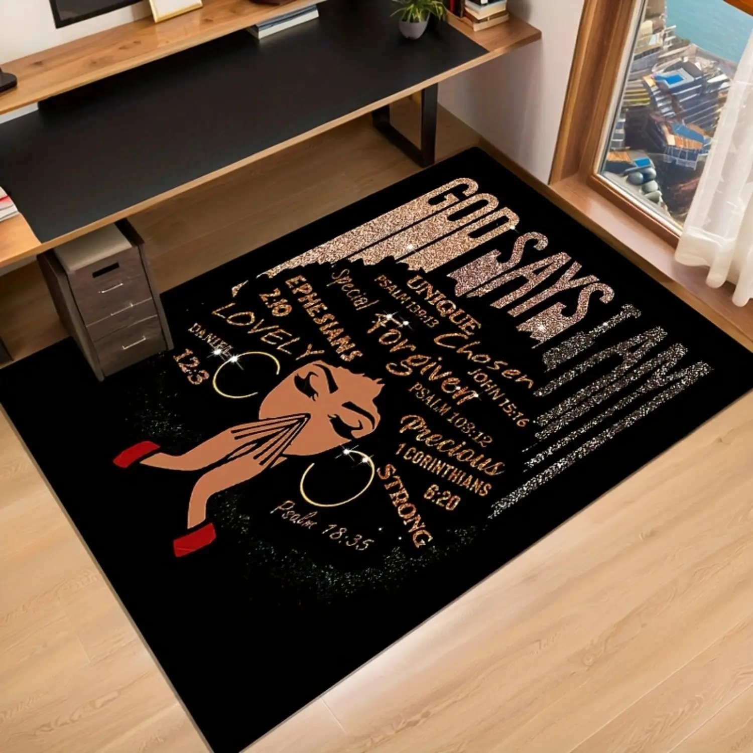 Religious Faith-Based Soft Diatomite Grippy Area Rug - Christian "God Says I Am" Inspirational Watercolour Rose Gold Print, 31.5*70.9inch(80*180cm)/39.4×70.9in Multi-Size, 100% Non-Slip Rubber Backing, Absorbent Quick Dry, Indoor Bedroom-Bath Use, Indoor