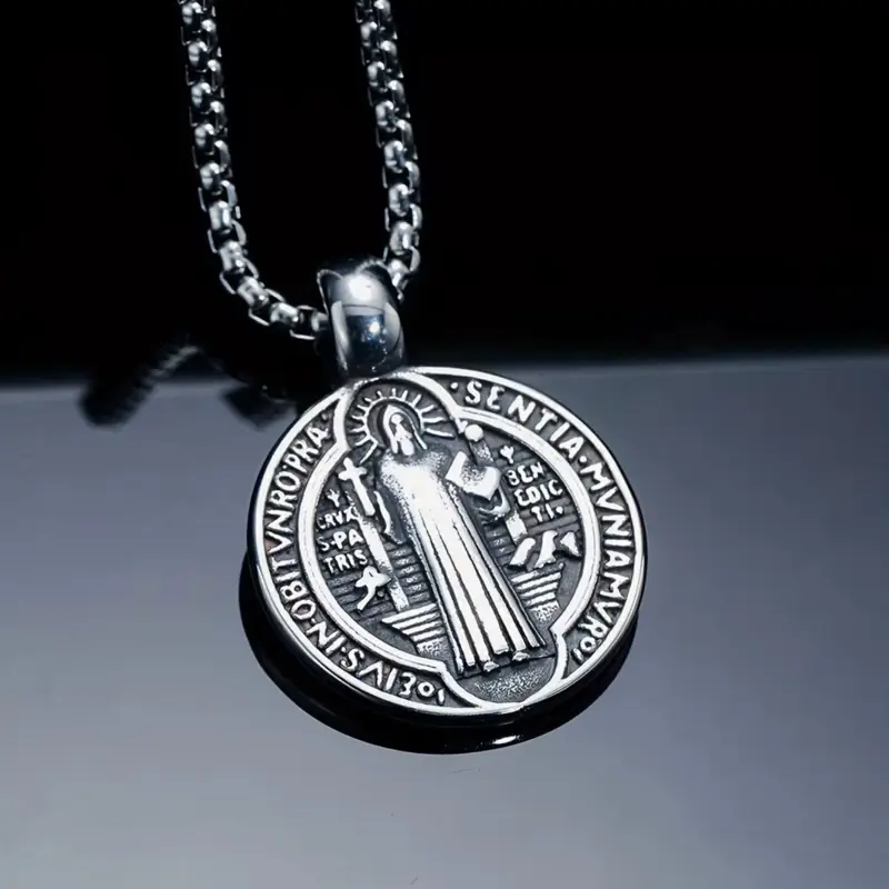 Christian Saint Benedict Cross Pendant Necklace Unisex Religious Jewelry Latin Cross Benedictine Abbey Design Durable Zinc Alloy Chain for Men Women Gift