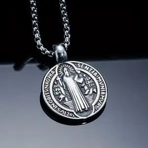 Christian Saint Benedict Cross Pendant Necklace Unisex Religious Jewelry Latin Cross Benedictine Abbey Design Durable Zinc Alloy Chain for Men Women Gift