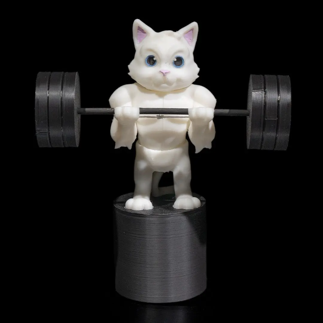 Articulated Gym Cat Kitty Figurine - Plastic Abstract Muscle Cat Lifting Decor, Rack-Shelf Desk Ornament, Gift for Gym Enthusiasts, Articulated Arms, Gift Idea