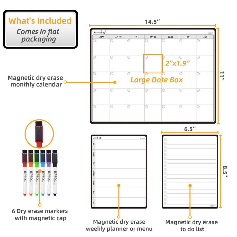 JJPRO Magnetic Monthly Calendar Whiteboard Set for Fridge-Monthly Planning Board and Two Bonus Dry Erase Grocery Board&Weekly Menu Board-Meal Planner Whiteboard/To-Do List-6 Markers