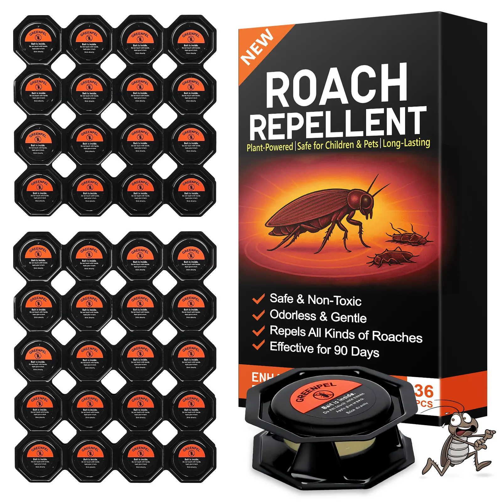 Cockroach Gel Bait, 36PCS Baits with Adhesive Pads, Against All Roaches ...