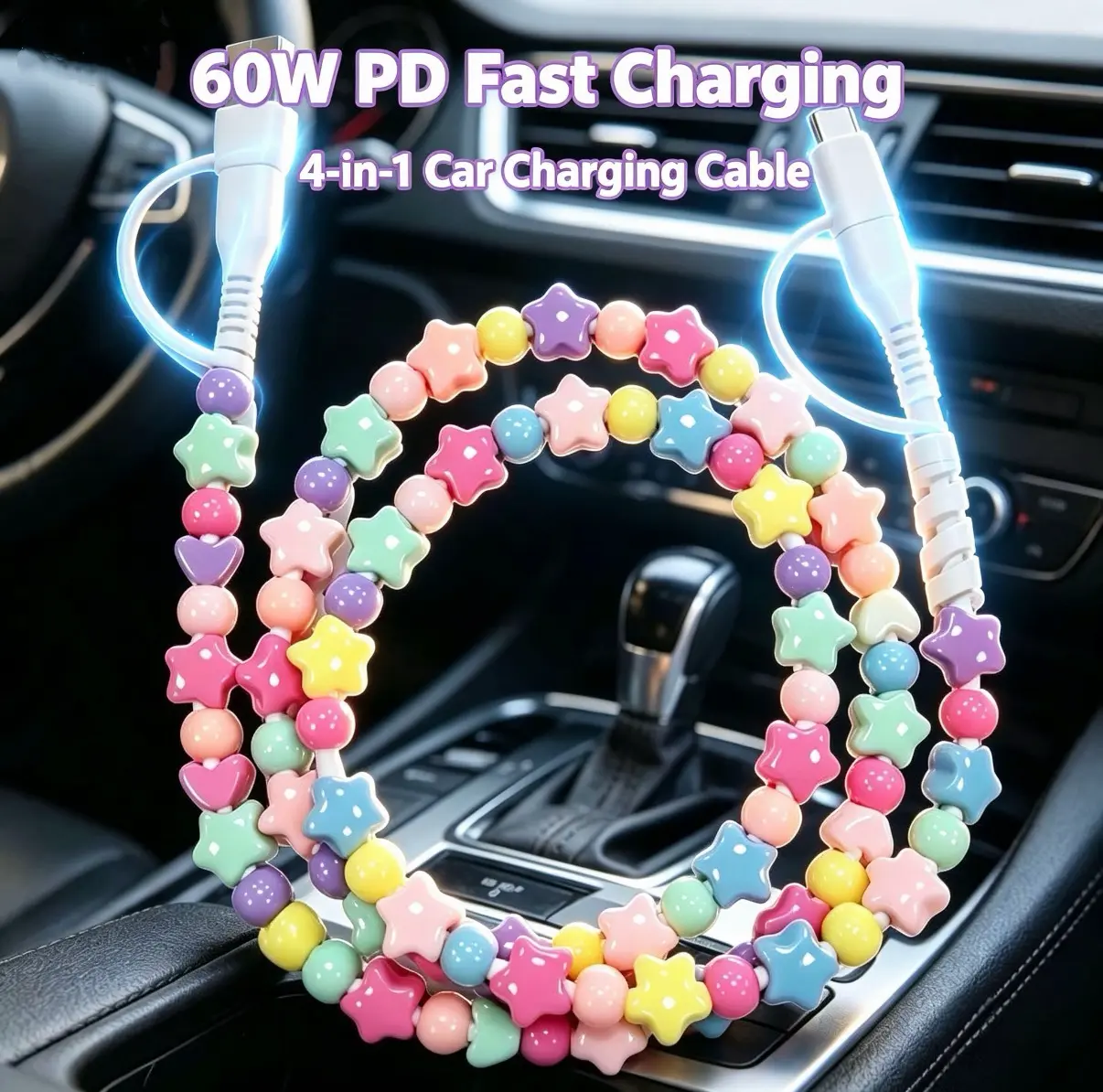60W PD3.0 Fast Charging 4-in-1 Beaded Car Charging Cable, Colorful Dopamine Pearl Beads Star Charm Anti-Tangle Data Sync Cord, Universal Multi Port USB Cable for iPhone Android Smartphones, Stylish Car Interior Ornament, Practical Gift