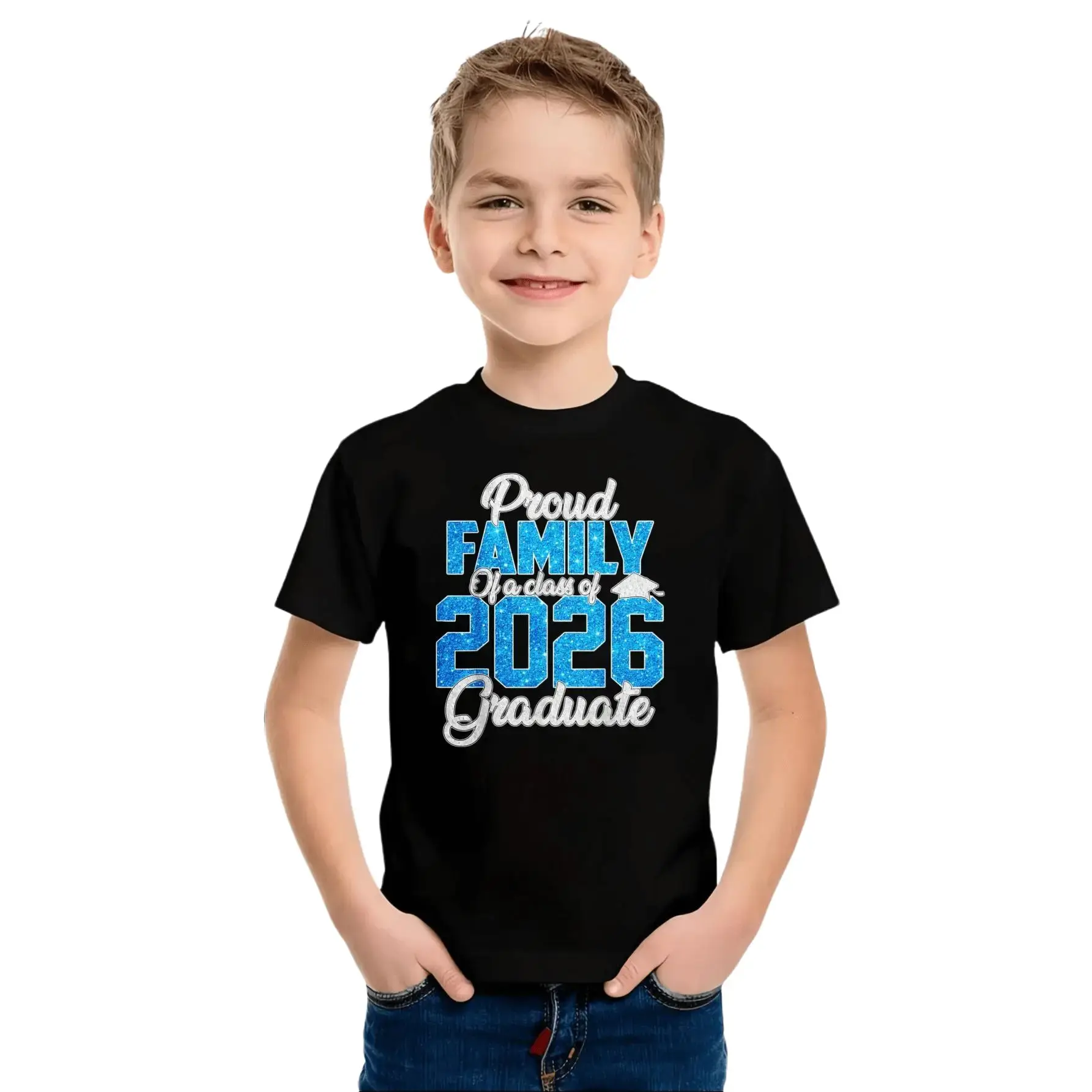 Boys' 2026 Graduation Proud Family Graphic T-Shirt - 100% Cotton Crewneck Shortleeve Tee, Casual Style Shirt, Soft Breathable Drop Shoulder Top for Parties, Daily Wear, Good Graphic Tees, Crewneck Shortsleeve Tee